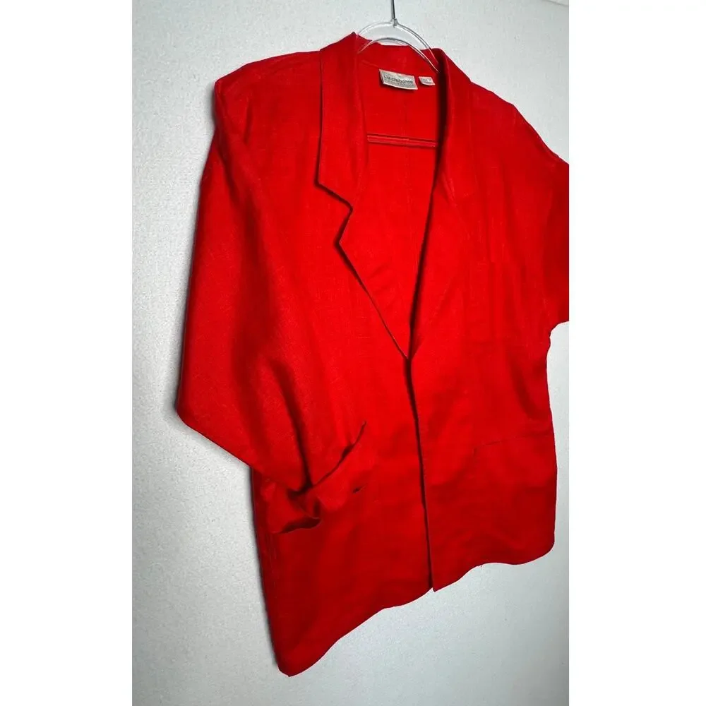 1990s Liz Claiborne Red Linen Open Front Oversized Jacket Size 6 M/L